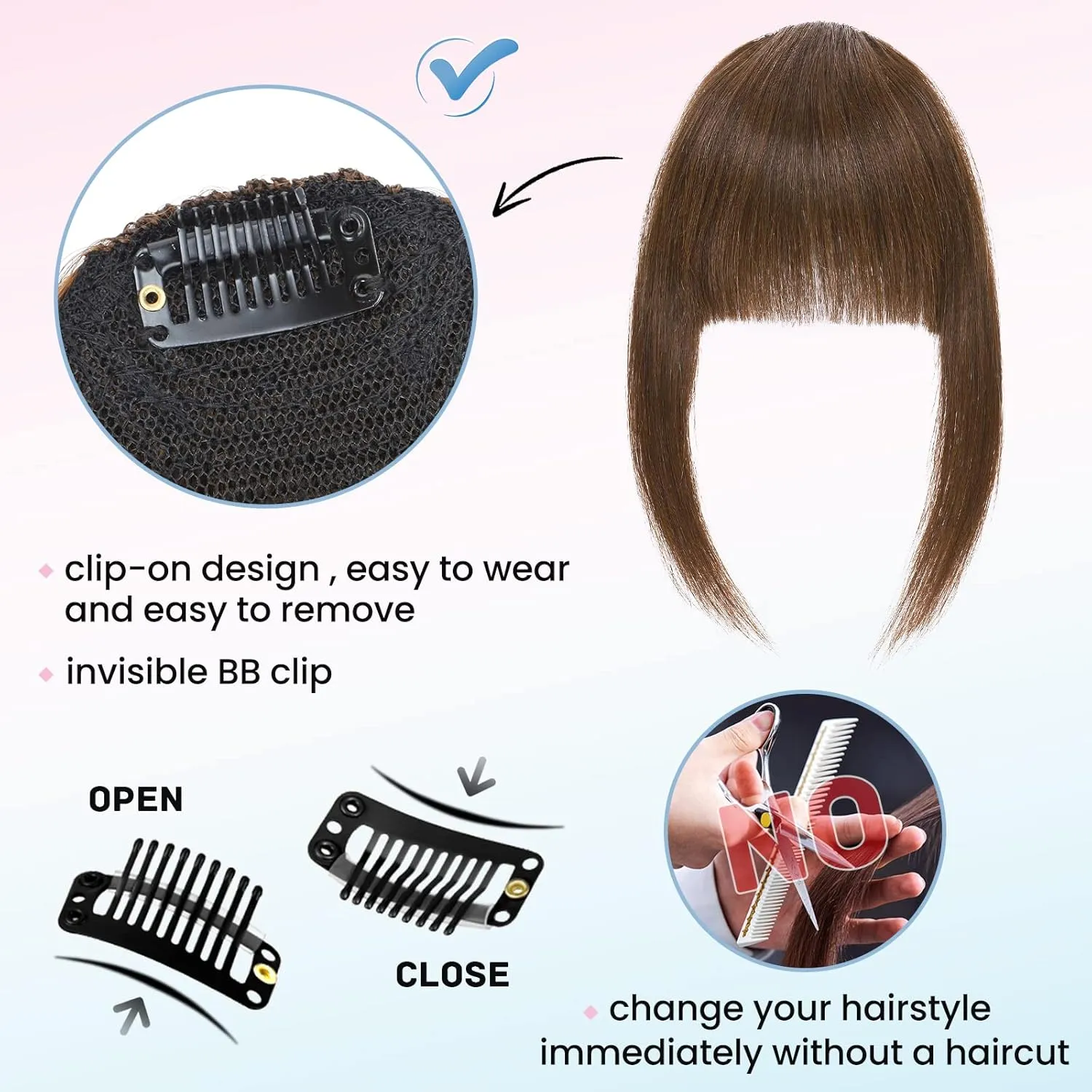 Hairro Clip In Bangs Human Hair French Bangs Flat Front Fringe Bang Hairpieces Side Bangs Clip On Bang With Temple Curtain Bangs Hair Clip Top Hairpiece For Women 14g #04 Medium Brown