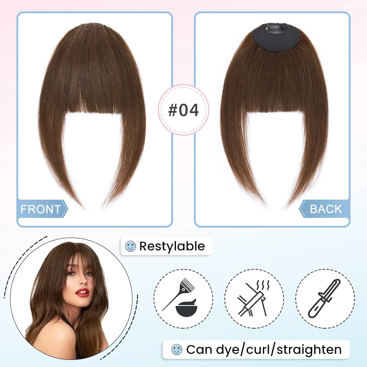 Hairro Clip In Bangs Human Hair French Bangs Flat Front Fringe Bang Hairpieces Side Bangs Clip On Bang With Temple Curtain Bangs Hair Clip Top Hairpiece For Women 14g #04 Medium Brown