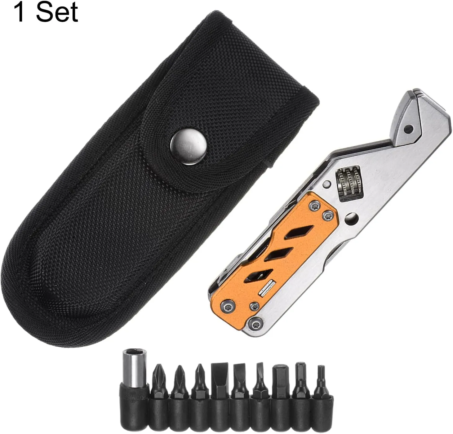 HARFINGTON 5 in 1 Multitool Wrench with Knife, Flat/Phillips Screwdriver and Bottle Opener, Folding Multifunctional Adjustable Wrenches with 9 in 1 Bits Set, Orange
