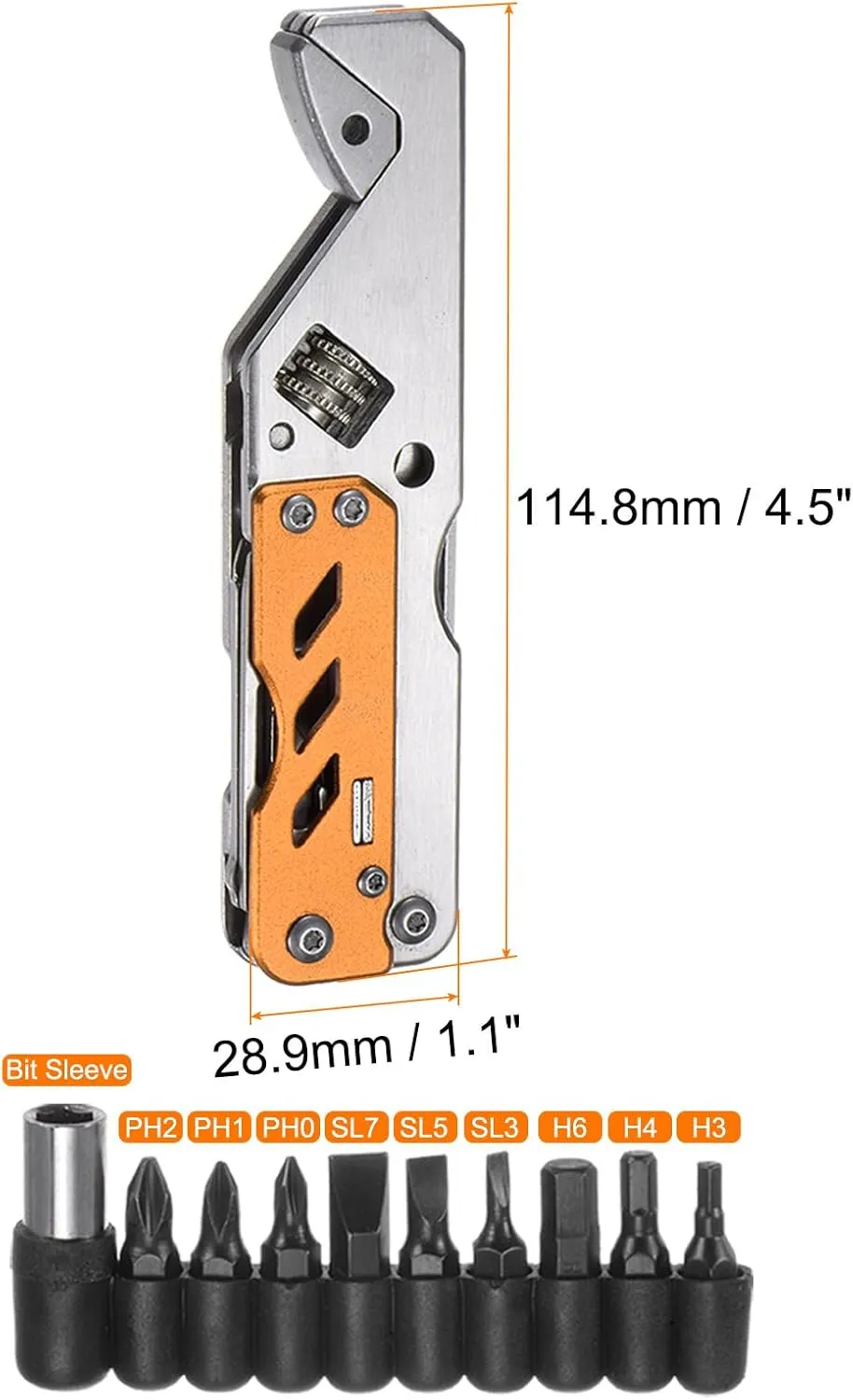 HARFINGTON 5 in 1 Multitool Wrench with Knife, Flat/Phillips Screwdriver and Bottle Opener, Folding Multifunctional Adjustable Wrenches with 9 in 1 Bits Set, Orange