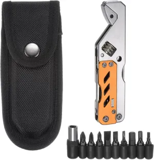 HARFINGTON 5 in 1 Multitool Wrench with Knife, Flat/Phillips Screwdriver and Bottle Opener, Folding Multifunctional Adjustable Wrenches with 9 in 1 Bits Set, Orange
