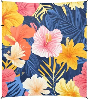 Hawaiian Stylropical Flowers Palm Leaves Colorful Foldable Beach Cabana UPF50 Waterproof Shade Sun Shelter with Sturdy Poles, Sandbags and Shovel for Family Trips, Picnics & Camping
