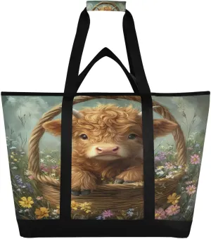 Highland Cow Flowers Reusable Insulated Lunchbox Cooler Bag, Leakproof Kitchen Grocery Bag Collapsible Portable Cooler Tote Bag for Picnic, Camping, Office, Travel
