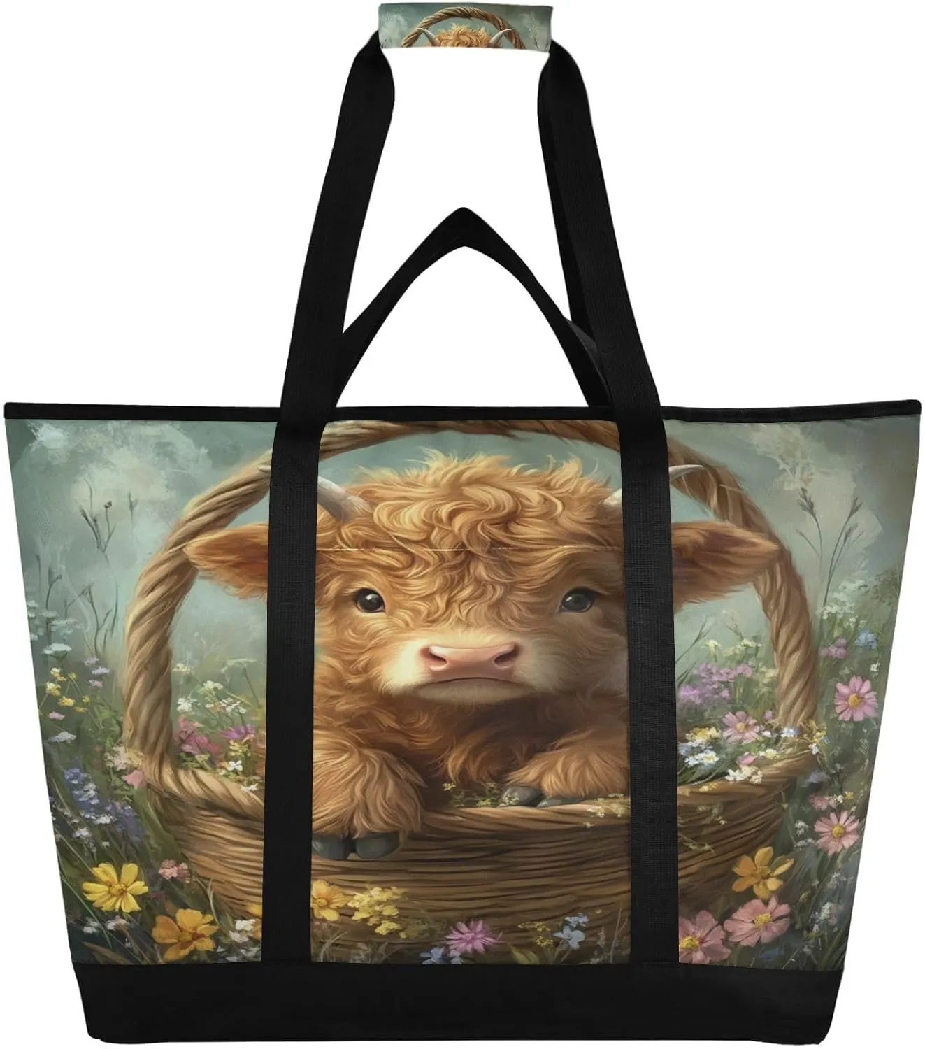 Highland Cow Flowers Reusable Insulated Lunchbox Cooler Bag, Leakproof Kitchen Grocery Bag Collapsible Portable Cooler Tote Bag for Picnic, Camping, Office, Travel