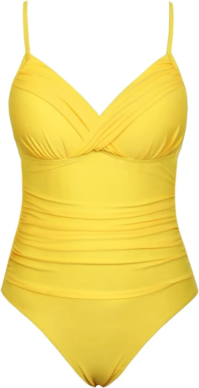 Hilor Women's One Piece Swimsuits Front Twist Swimwear V Neck Shirred Bathing Suit Monokini Tummy Control