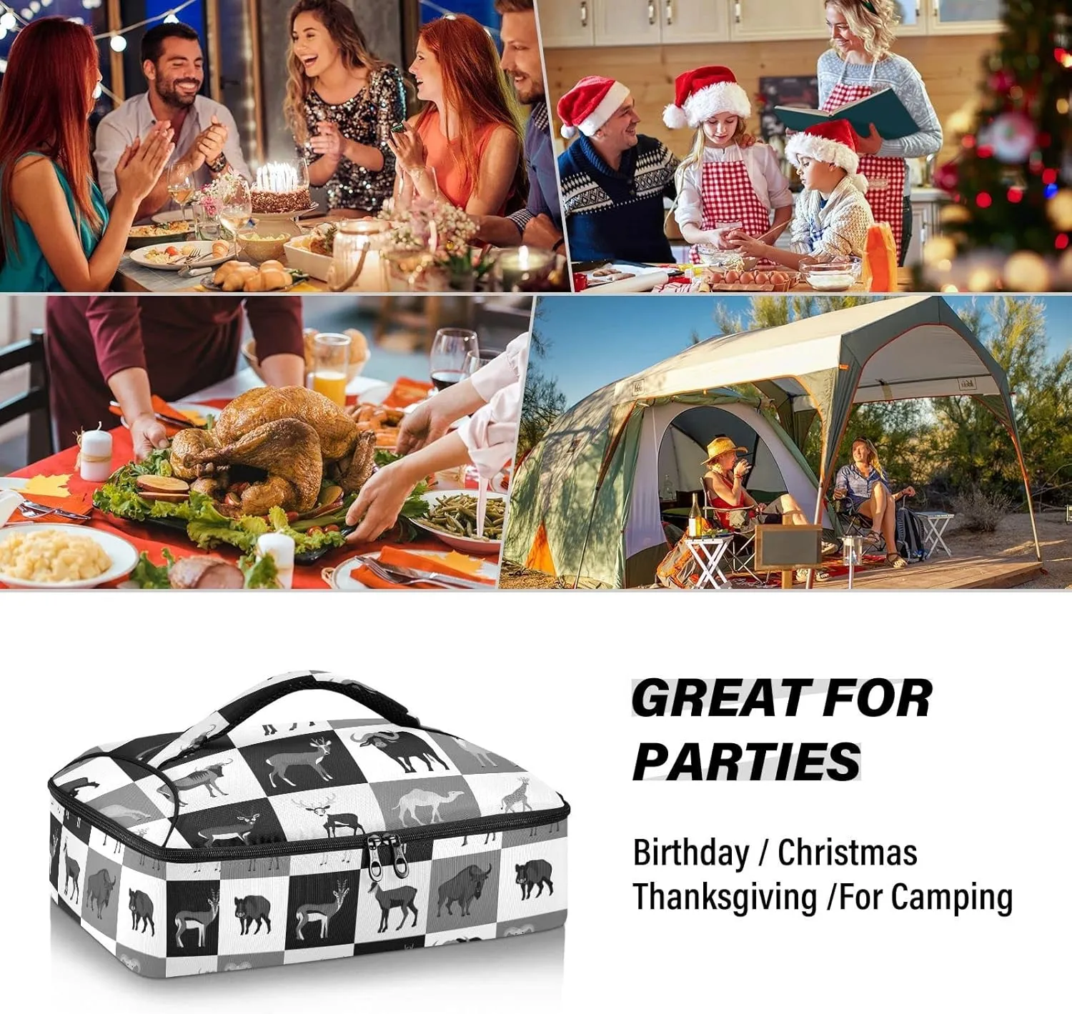 Hoofed Animals Bull Reindeer Giraffe Camel Rhinoceros Checker Plaid Leakproof Casserole Dish Carrier Bag with Lid, Warmer Insulated Tote Holder for Hot/Cold Food Party Picnic Lasagna Beach