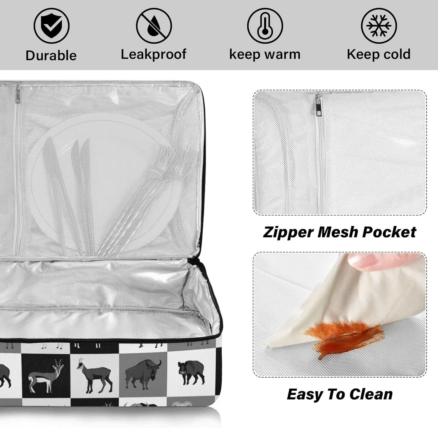 Hoofed Animals Bull Reindeer Giraffe Camel Rhinoceros Checker Plaid Leakproof Casserole Dish Carrier Bag with Lid, Warmer Insulated Tote Holder for Hot/Cold Food Party Picnic Lasagna Beach
