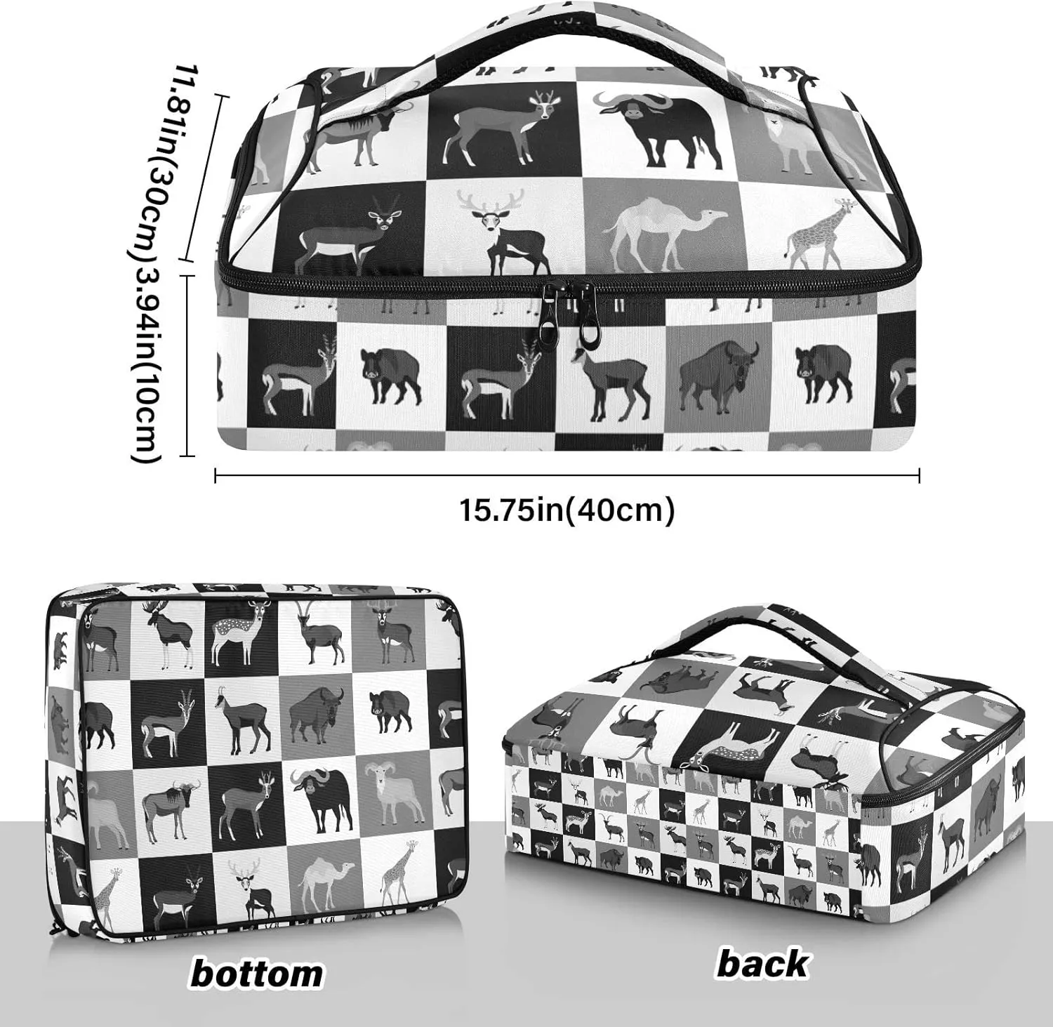 Hoofed Animals Bull Reindeer Giraffe Camel Rhinoceros Checker Plaid Leakproof Casserole Dish Carrier Bag with Lid, Warmer Insulated Tote Holder for Hot/Cold Food Party Picnic Lasagna Beach