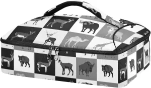 Hoofed Animals Bull Reindeer Giraffe Camel Rhinoceros Checker Plaid Leakproof Casserole Dish Carrier Bag with Lid, Warmer Insulated Tote Holder for Hot/Cold Food Party Picnic Lasagna Beach