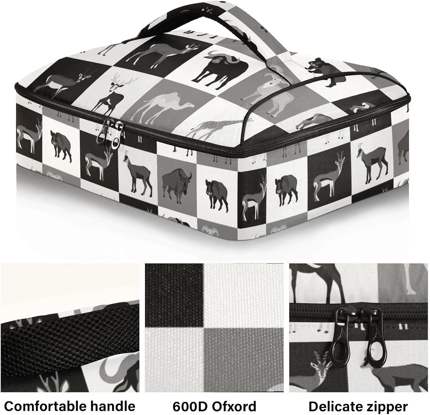 Hoofed Animals Bull Reindeer Giraffe Camel Rhinoceros Checker Plaid Leakproof Casserole Dish Carrier Bag with Lid, Warmer Insulated Tote Holder for Hot/Cold Food Party Picnic Lasagna Beach