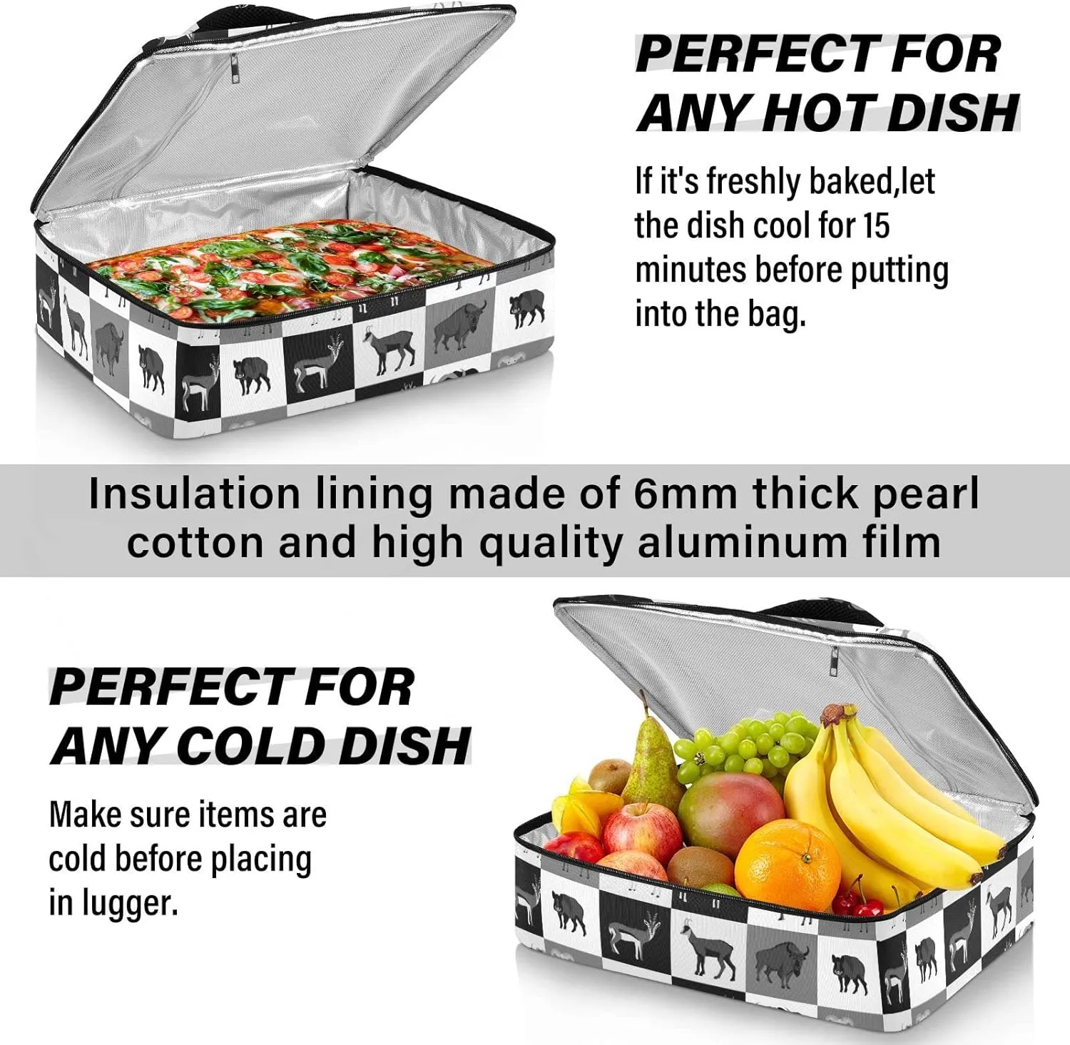 Hoofed Animals Bull Reindeer Giraffe Camel Rhinoceros Checker Plaid Leakproof Casserole Dish Carrier Bag with Lid, Warmer Insulated Tote Holder for Hot/Cold Food Party Picnic Lasagna Beach