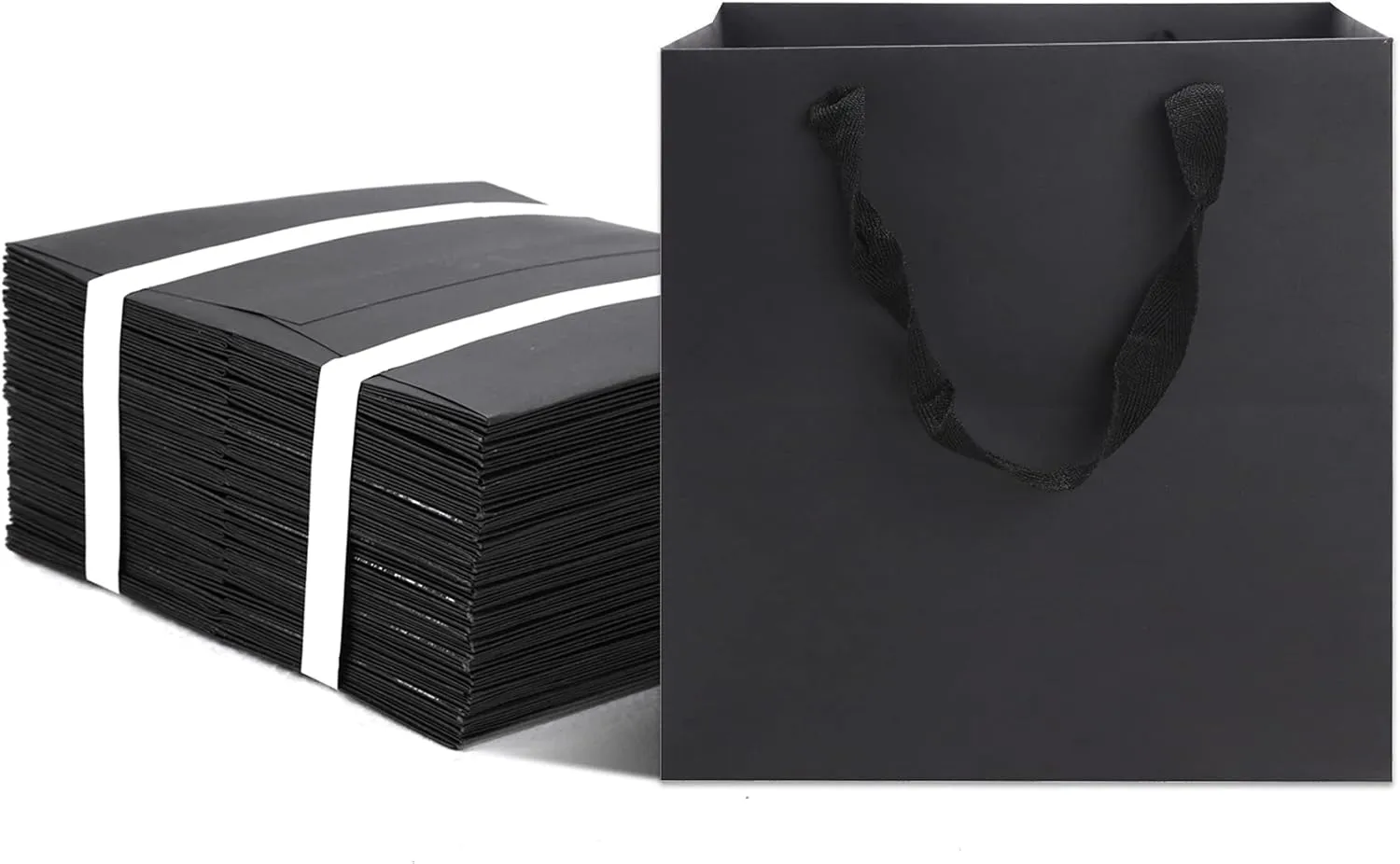 HUAPRINT Black Gift Bags with Handles,Black Paper bags,24 Pack 8x8x8inch Square Size Black shopping Bags,Party Bags,Favor Bags,Goody Bags,Business Bags,Kraft Bags, Retail Bags, Paper Gift Bags