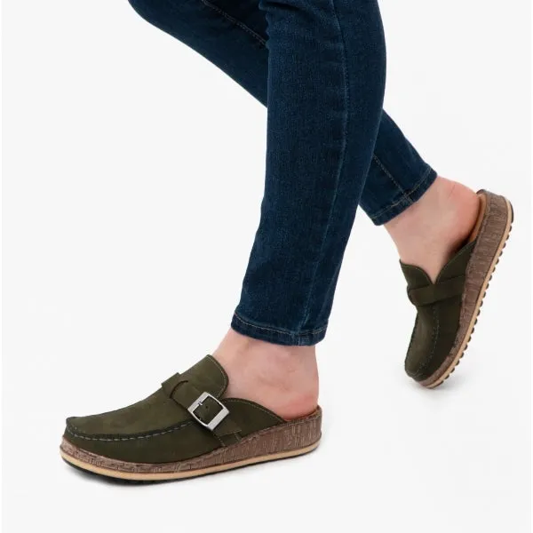 Hush Puppies SORCHA MULE Womens Leather Sandals Khaki Nubuck