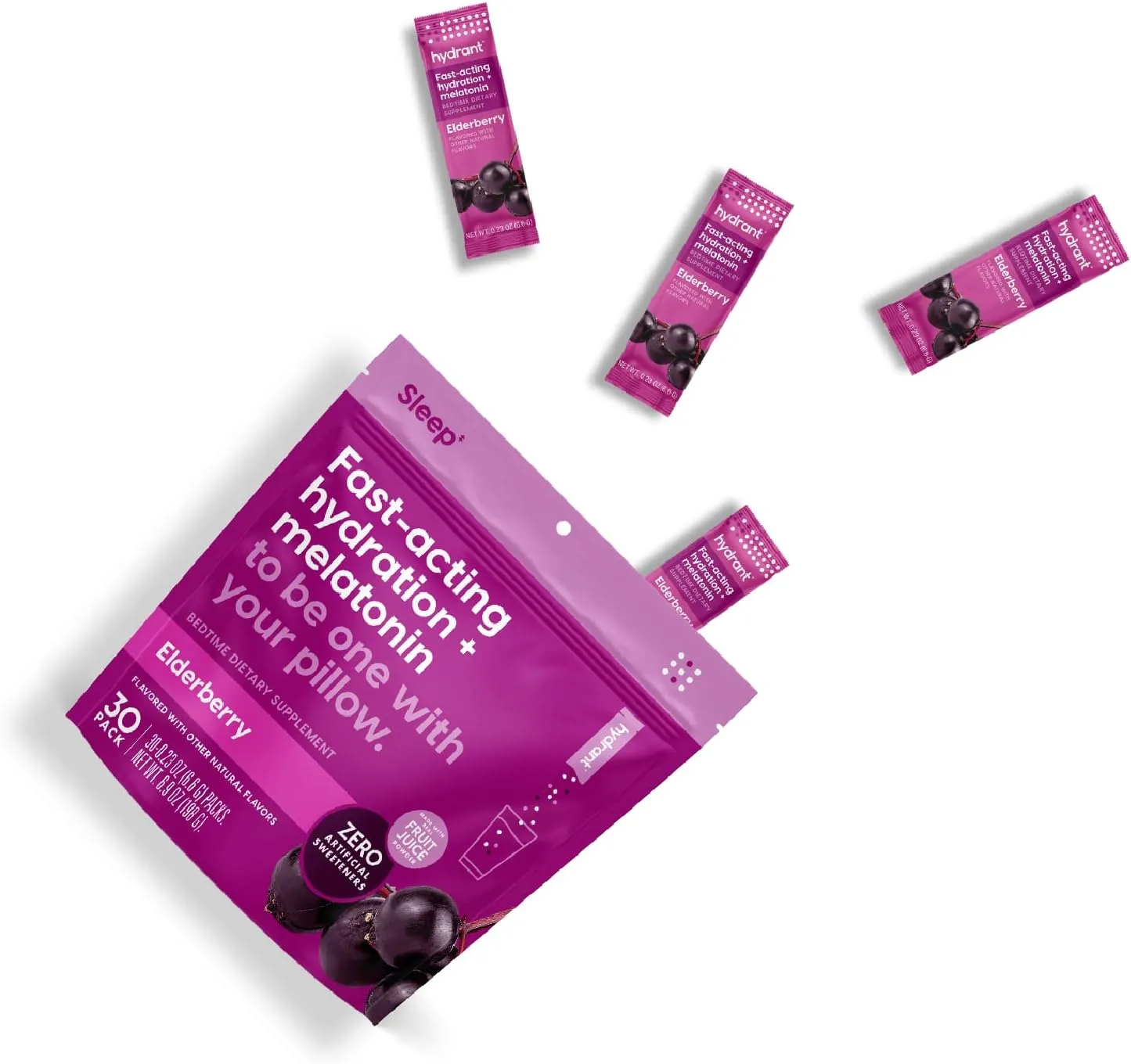 Hydrant Sleep, Individual Hydrating Rest and Recovery Powder Stick Packets with a Blend of Melatonin, L-Theanine, Magnesium, & Chamomile (Elderberry, 30 Pack)
