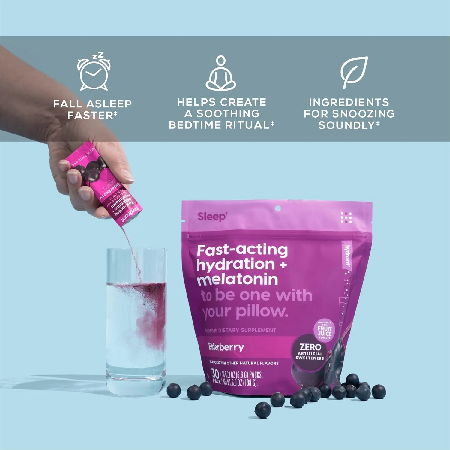 Hydrant Sleep, Individual Hydrating Rest and Recovery Powder Stick Packets with a Blend of Melatonin, L-Theanine, Magnesium, & Chamomile (Elderberry, 30 Pack)