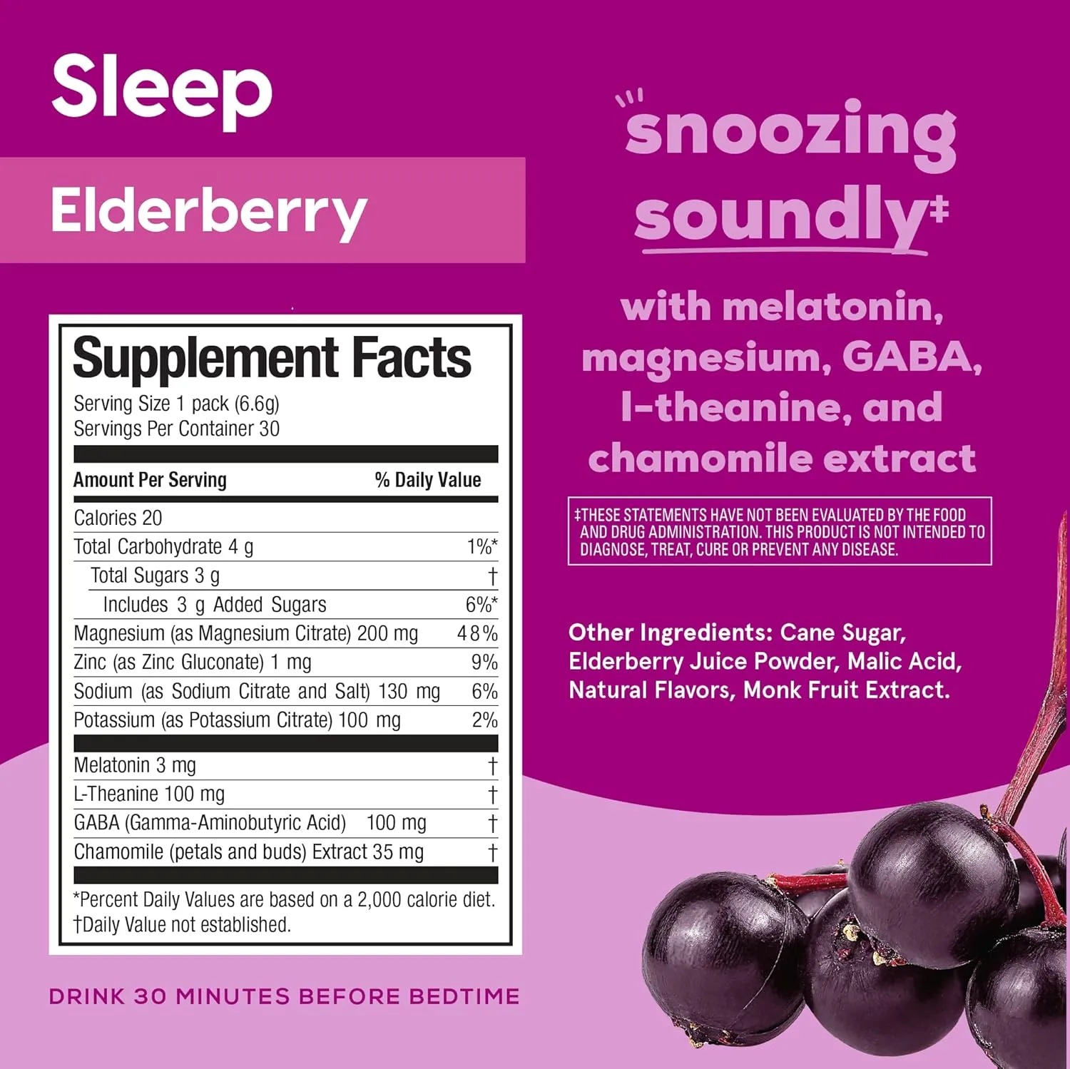 Hydrant Sleep, Individual Hydrating Rest and Recovery Powder Stick Packets with a Blend of Melatonin, L-Theanine, Magnesium, & Chamomile (Elderberry, 30 Pack)