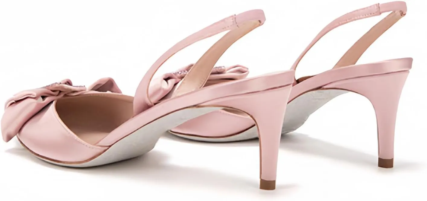 iadore Women's Middle Heel Sandals, 2.4'' Satin Closed Pointed Toe Square Crystal Buckle Bowknot Slip-on Elastic Slingback Pumps Evening Party Dress Shoes