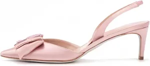 iadore Women's Middle Heel Sandals, 2.4'' Satin Closed Pointed Toe Square Crystal Buckle Bowknot Slip-on Elastic Slingback Pumps Evening Party Dress Shoes