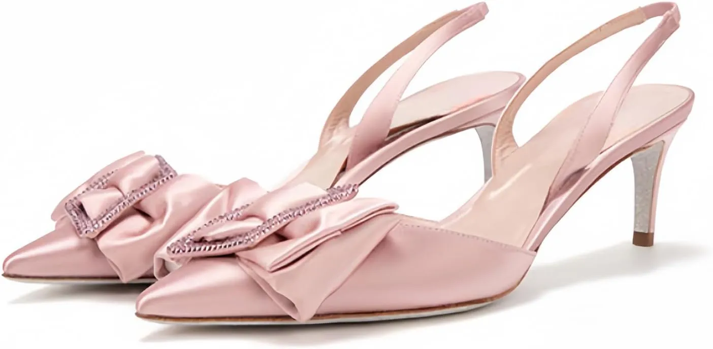 iadore Women's Middle Heel Sandals, 2.4'' Satin Closed Pointed Toe Square Crystal Buckle Bowknot Slip-on Elastic Slingback Pumps Evening Party Dress Shoes