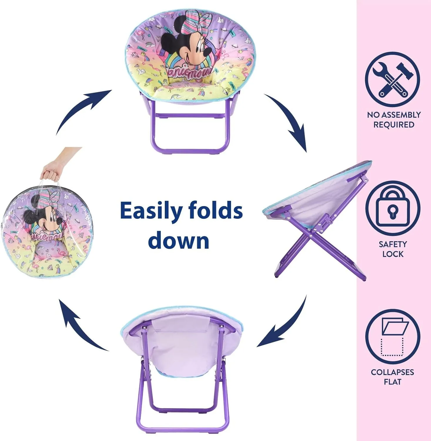 Idea Nuova Disney Minnie Mouse Toddler 19" Folding Saucer™ Chair, Portable Fun Character Design, Ages 3 