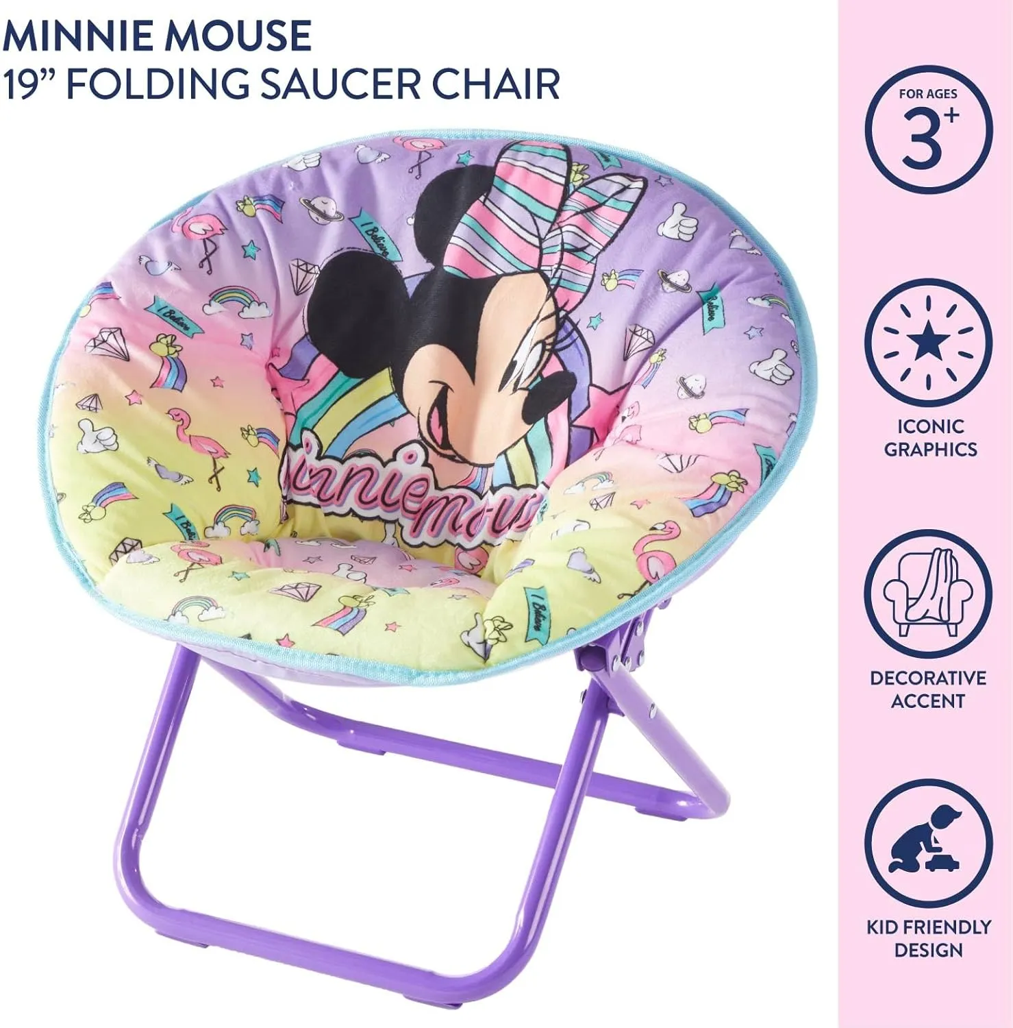 Idea Nuova Disney Minnie Mouse Toddler 19" Folding Saucer™ Chair, Portable Fun Character Design, Ages 3 