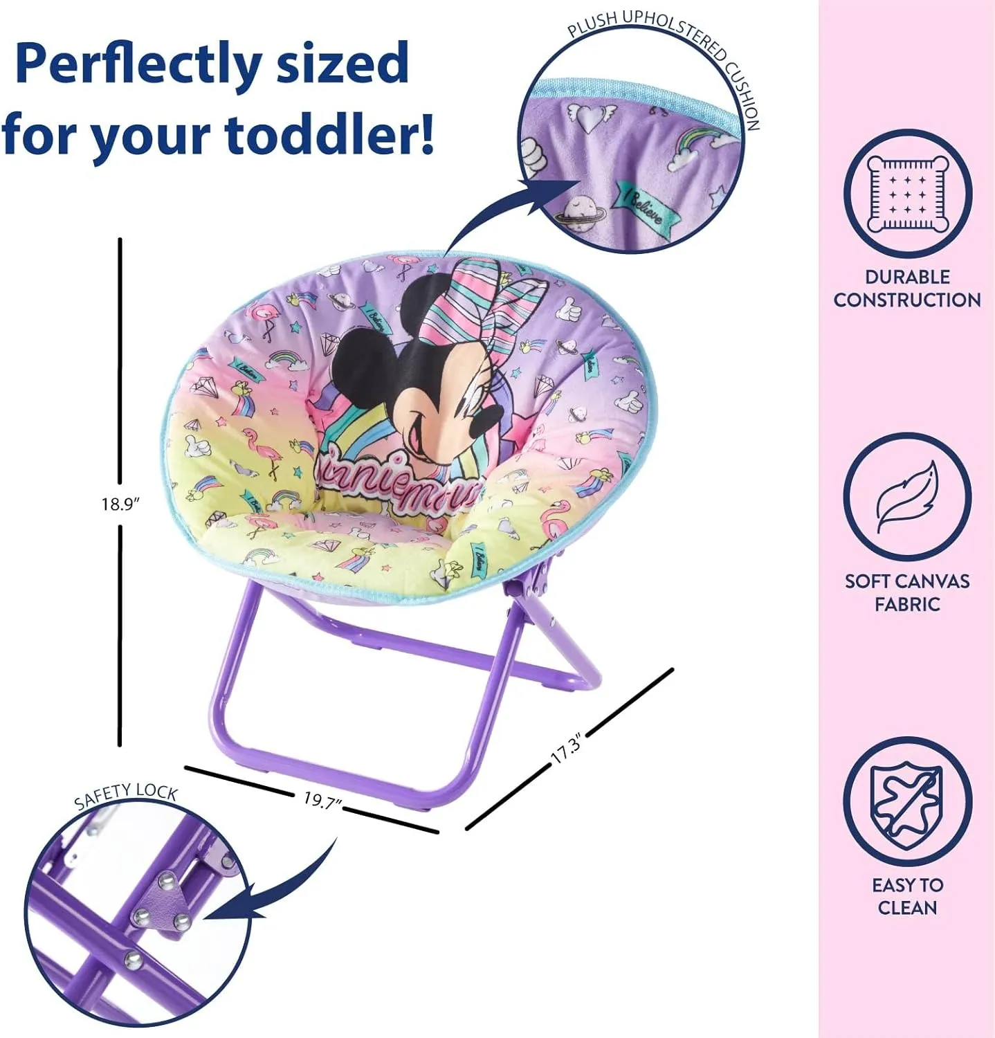 Idea Nuova Disney Minnie Mouse Toddler 19" Folding Saucer™ Chair, Portable Fun Character Design, Ages 3 