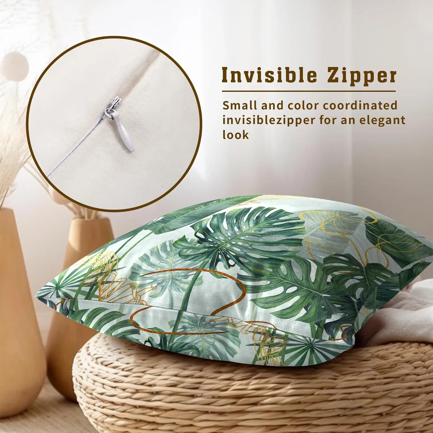 Imiss Boho Green Leaves Throw Pillow Covers Set of 2 Tropical Leaf Pillow Cover 20x20 Inch Soft Cotton Pillow Case Square Decorative Summer Seasonal Pillowcase for Couch Bed Home Decor