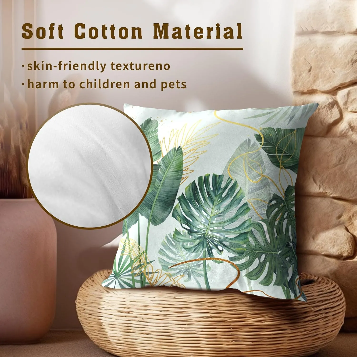 Imiss Boho Green Leaves Throw Pillow Covers Set of 2 Tropical Leaf Pillow Cover 20x20 Inch Soft Cotton Pillow Case Square Decorative Summer Seasonal Pillowcase for Couch Bed Home Decor