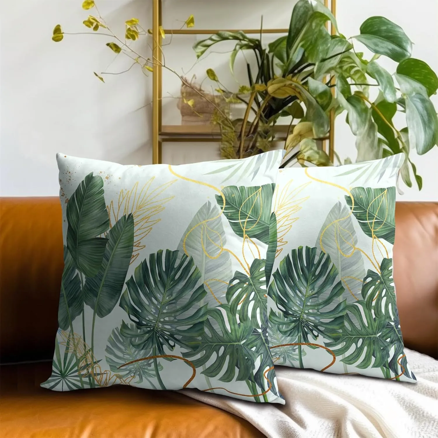 Imiss Boho Green Leaves Throw Pillow Covers Set of 2 Tropical Leaf Pillow Cover 20x20 Inch Soft Cotton Pillow Case Square Decorative Summer Seasonal Pillowcase for Couch Bed Home Decor