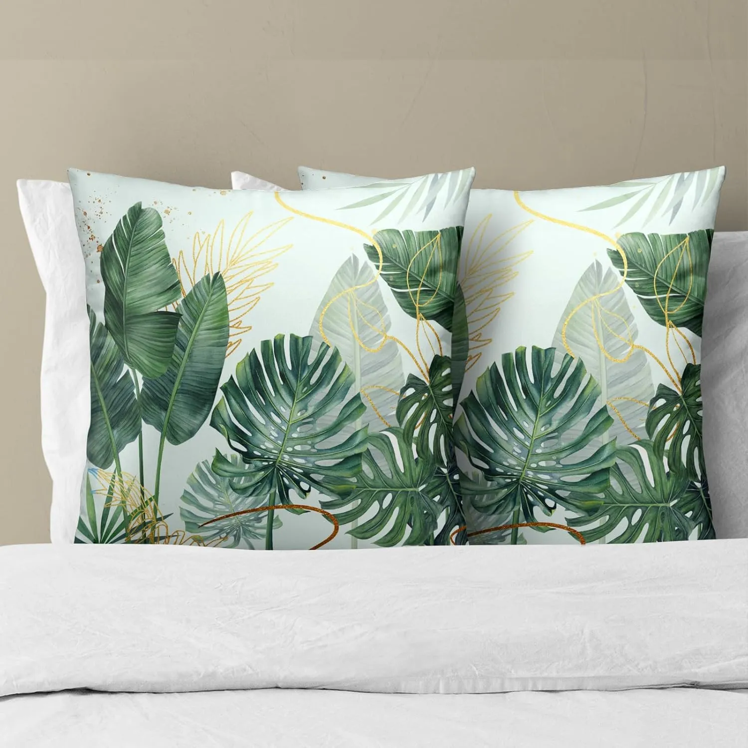Imiss Boho Green Leaves Throw Pillow Covers Set of 2 Tropical Leaf Pillow Cover 20x20 Inch Soft Cotton Pillow Case Square Decorative Summer Seasonal Pillowcase for Couch Bed Home Decor