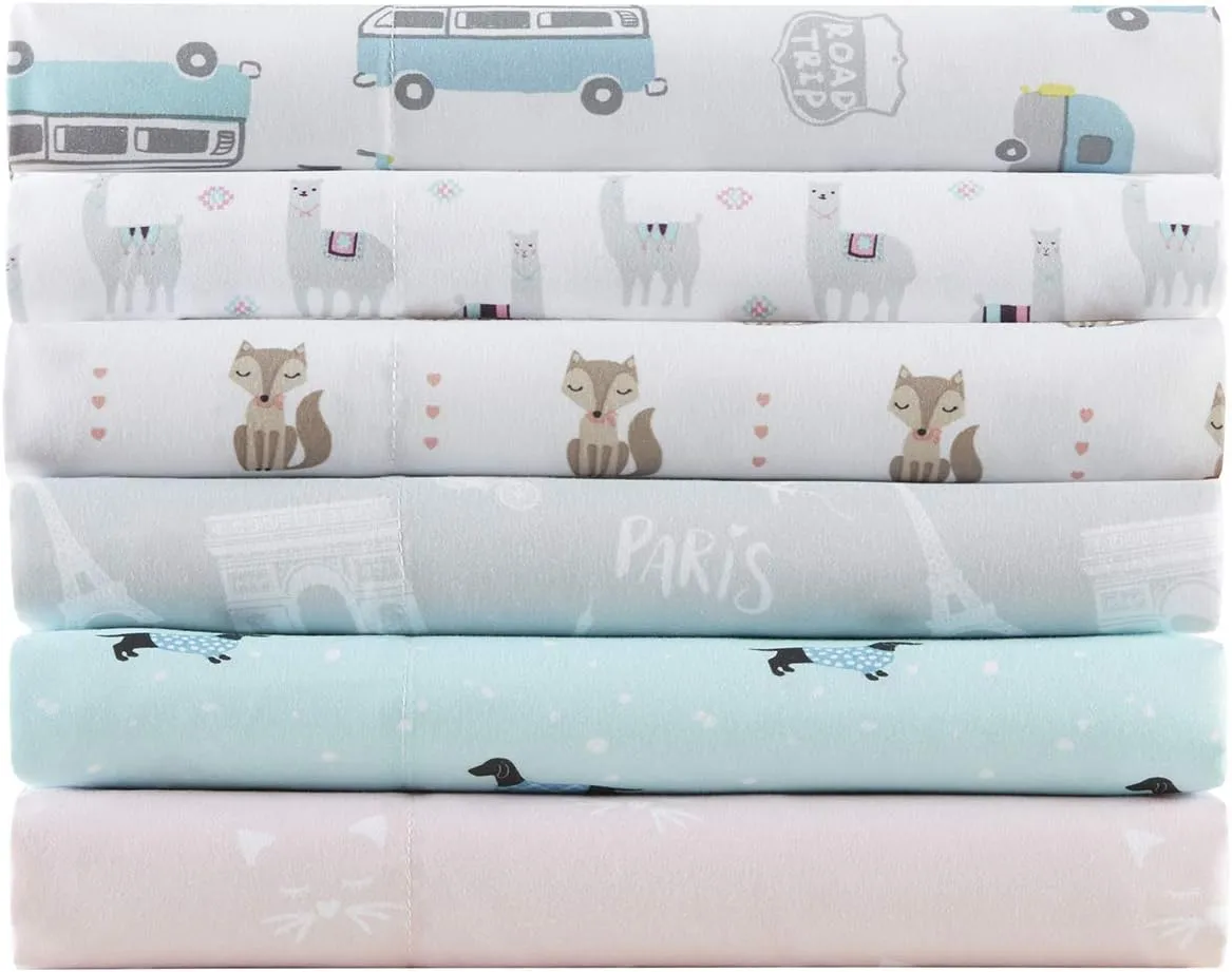 Intelligent Design Microfiber Cozy Bed Sheet Set, Modern All Season Bedding & Pillowcases, Premium 14" Elastic Pocket Fits up to 16" Mattress, Queen Grey/Blue Road Trip 4 Piece