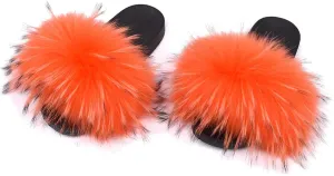 Jancoco Max Womens Fur Sliders Slippers Raccoon Fur Furry Slides Fashion Flat Soft Open Toe Fluffy Sandals