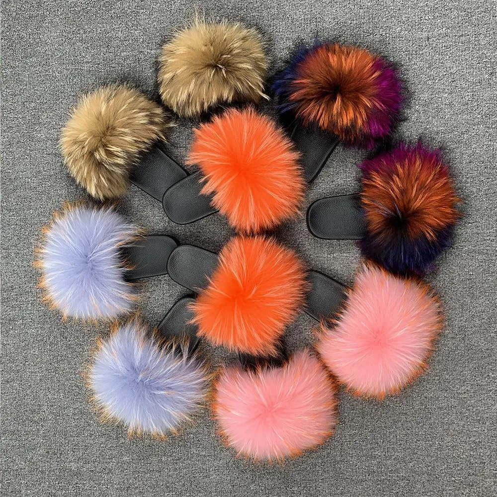 Jancoco Max Womens Fur Sliders Slippers Raccoon Fur Furry Slides Fashion Flat Soft Open Toe Fluffy Sandals