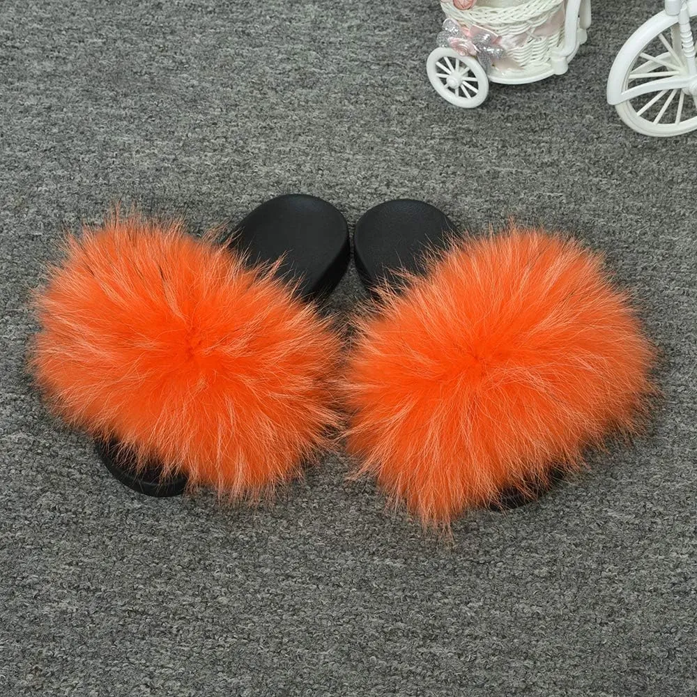 Jancoco Max Womens Fur Sliders Slippers Raccoon Fur Furry Slides Fashion Flat Soft Open Toe Fluffy Sandals