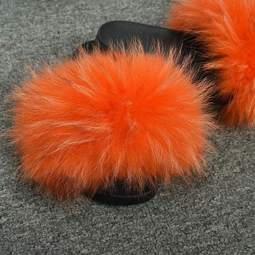 Jancoco Max Womens Fur Sliders Slippers Raccoon Fur Furry Slides Fashion Flat Soft Open Toe Fluffy Sandals