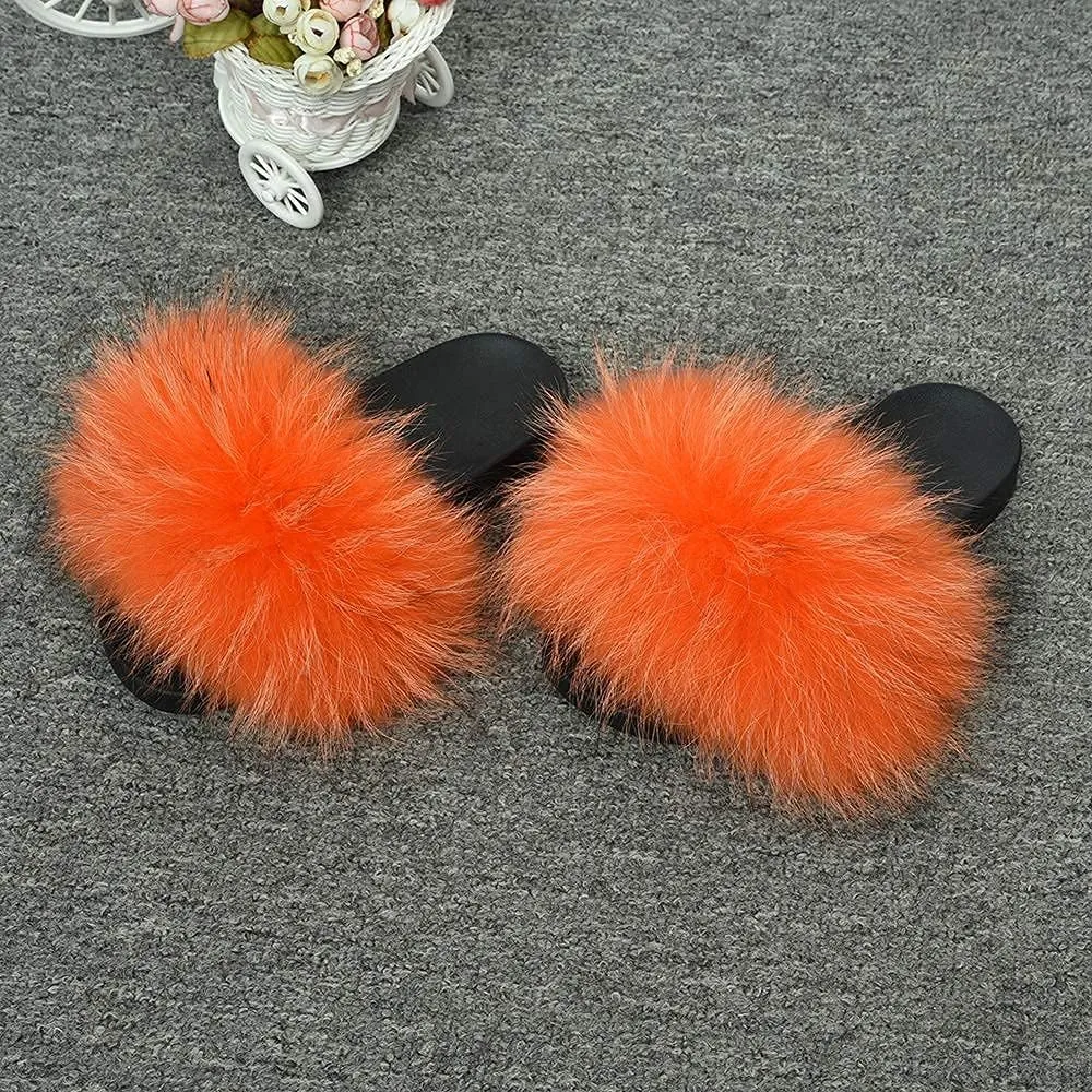 Jancoco Max Womens Fur Sliders Slippers Raccoon Fur Furry Slides Fashion Flat Soft Open Toe Fluffy Sandals