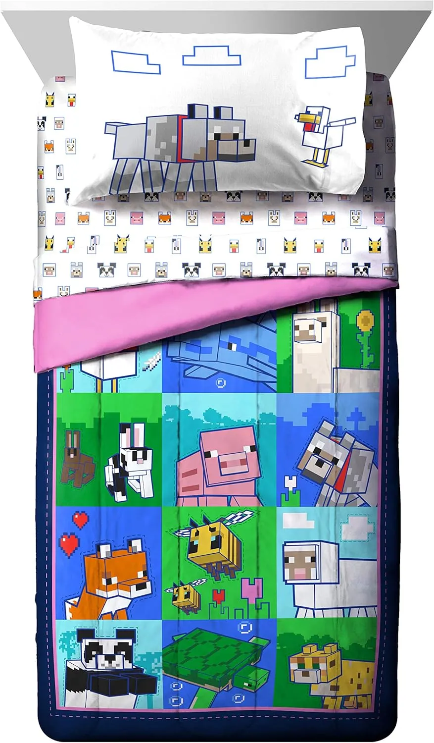 Jay Franco Minecraft Animal Patch 7 Piece Full Bed Set - Includes Comforter & Sheet Set Bedding - Super Soft Fade Resistant Microfiber (Official Minecraft Product)
