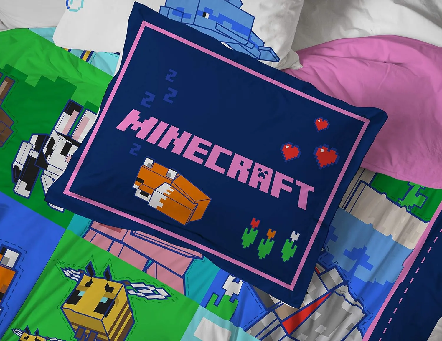 Jay Franco Minecraft Animal Patch 7 Piece Full Bed Set - Includes Comforter & Sheet Set Bedding - Super Soft Fade Resistant Microfiber (Official Minecraft Product)