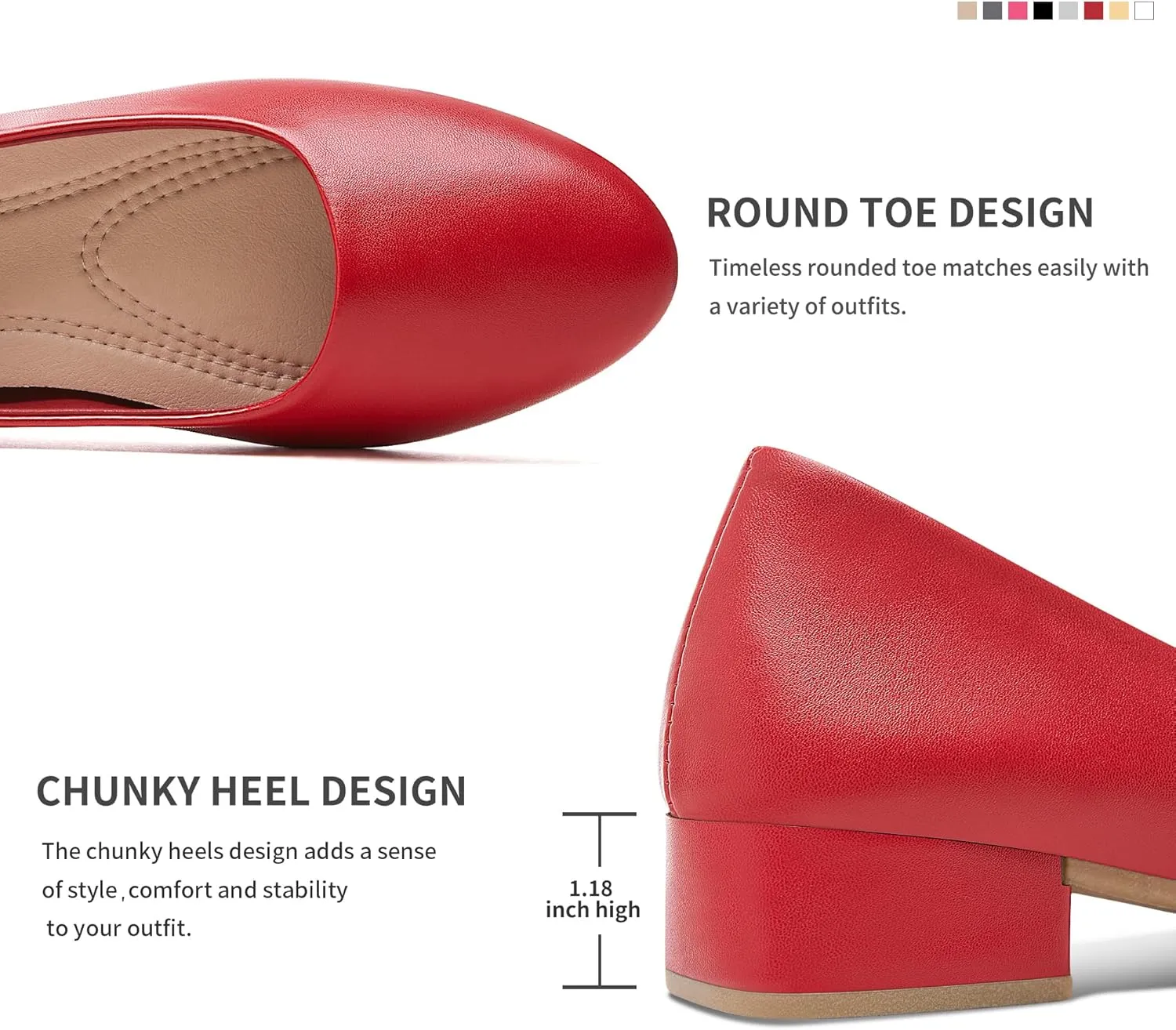 Jeekopeg Low Chunky Pumps Women's Round Toe Heels PU Leather Chunky Pump Shoes Classic Closed Toe Pumps Low Heel Dress Shoes for Women