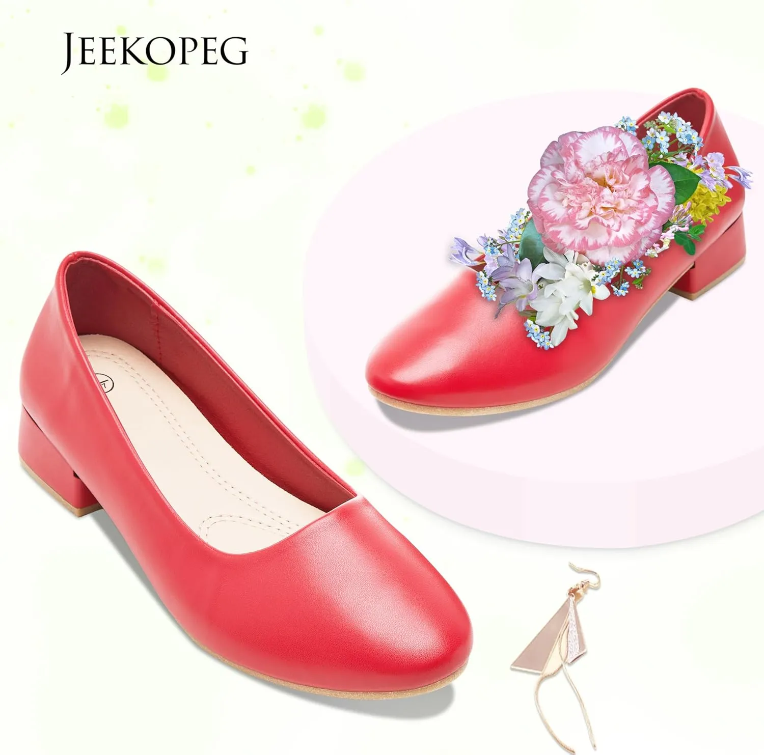 Jeekopeg Low Chunky Pumps Women's Round Toe Heels PU Leather Chunky Pump Shoes Classic Closed Toe Pumps Low Heel Dress Shoes for Women