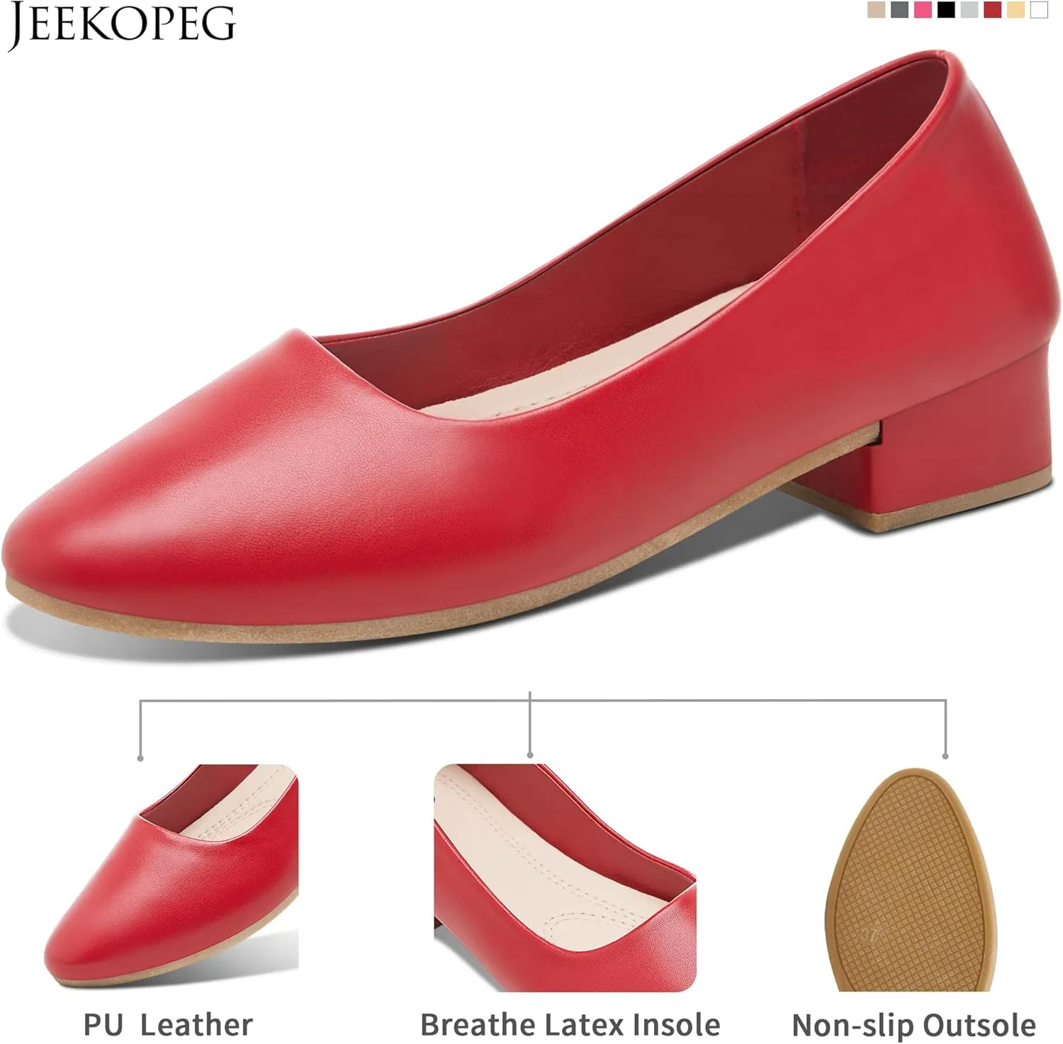 Jeekopeg Low Chunky Pumps Women's Round Toe Heels PU Leather Chunky Pump Shoes Classic Closed Toe Pumps Low Heel Dress Shoes for Women
