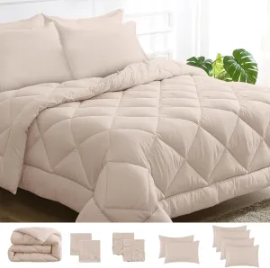 JOLLYVOGUE 11 Pieces Queen Comforter Set, Reversible Bed in a Bag Queen Size, All Season Bedding Set with Soft Beige Comforter, Flat Sheets, Fitted Sheets, Pillowcases & Shams