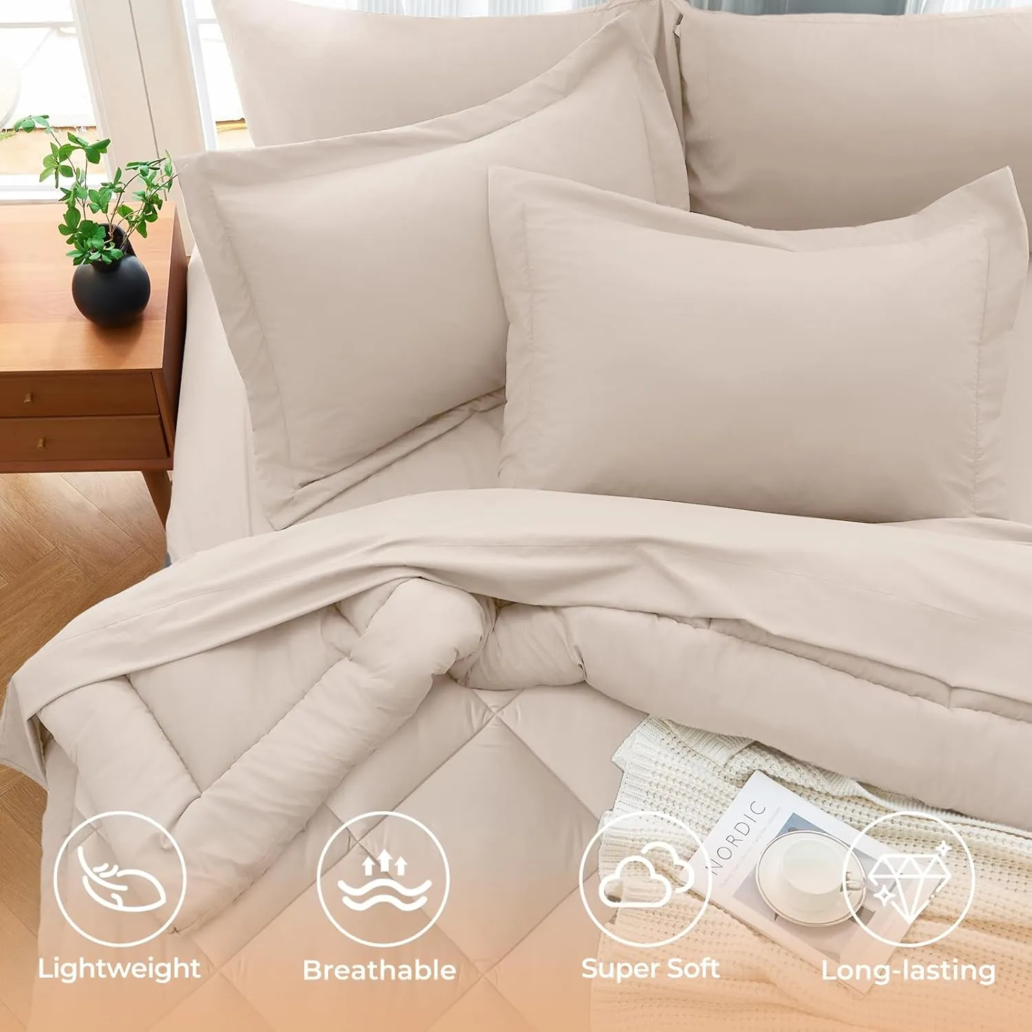 JOLLYVOGUE 11 Pieces Queen Comforter Set, Reversible Bed in a Bag Queen Size, All Season Bedding Set with Soft Beige Comforter, Flat Sheets, Fitted Sheets, Pillowcases & Shams