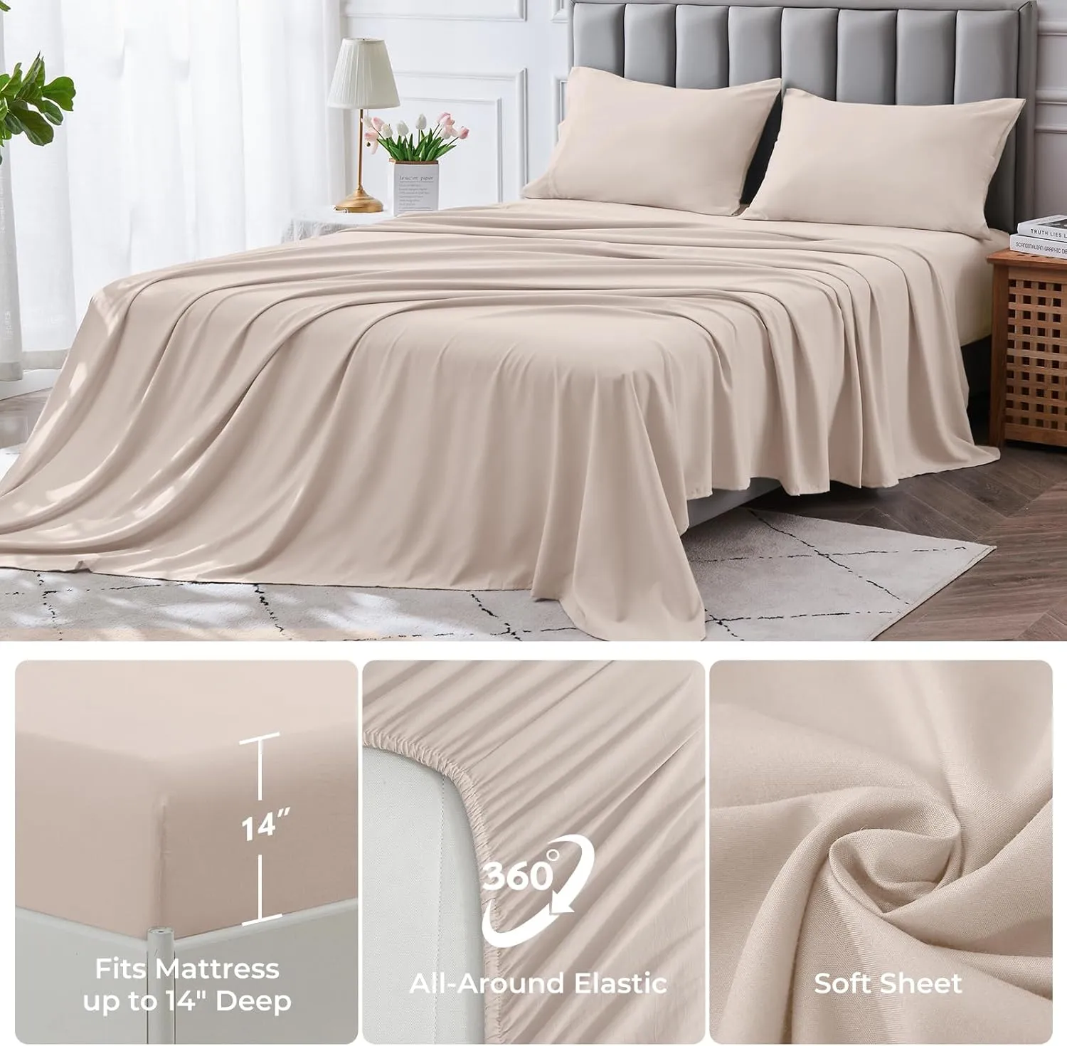 JOLLYVOGUE 11 Pieces Queen Comforter Set, Reversible Bed in a Bag Queen Size, All Season Bedding Set with Soft Beige Comforter, Flat Sheets, Fitted Sheets, Pillowcases & Shams