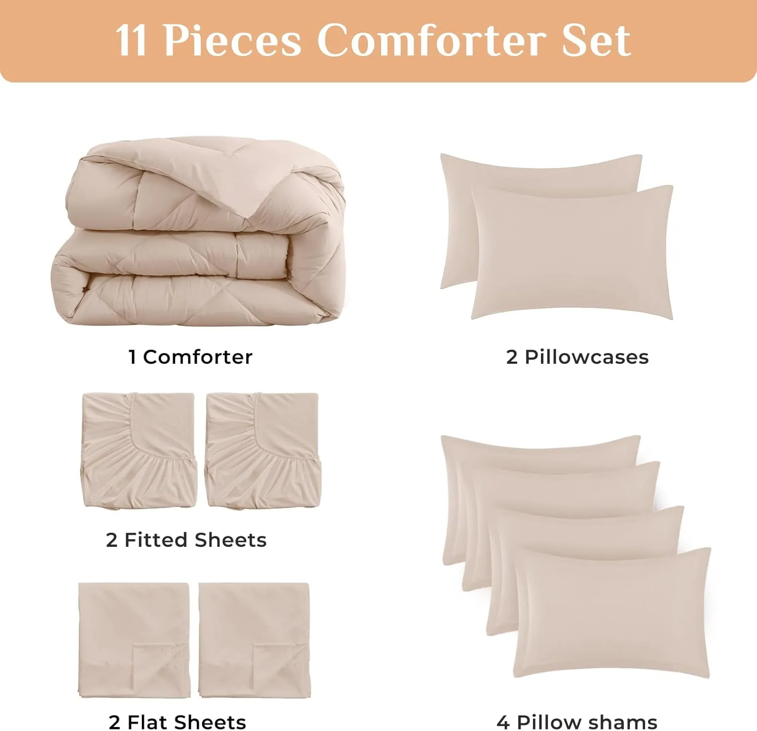 JOLLYVOGUE 11 Pieces Queen Comforter Set, Reversible Bed in a Bag Queen Size, All Season Bedding Set with Soft Beige Comforter, Flat Sheets, Fitted Sheets, Pillowcases & Shams