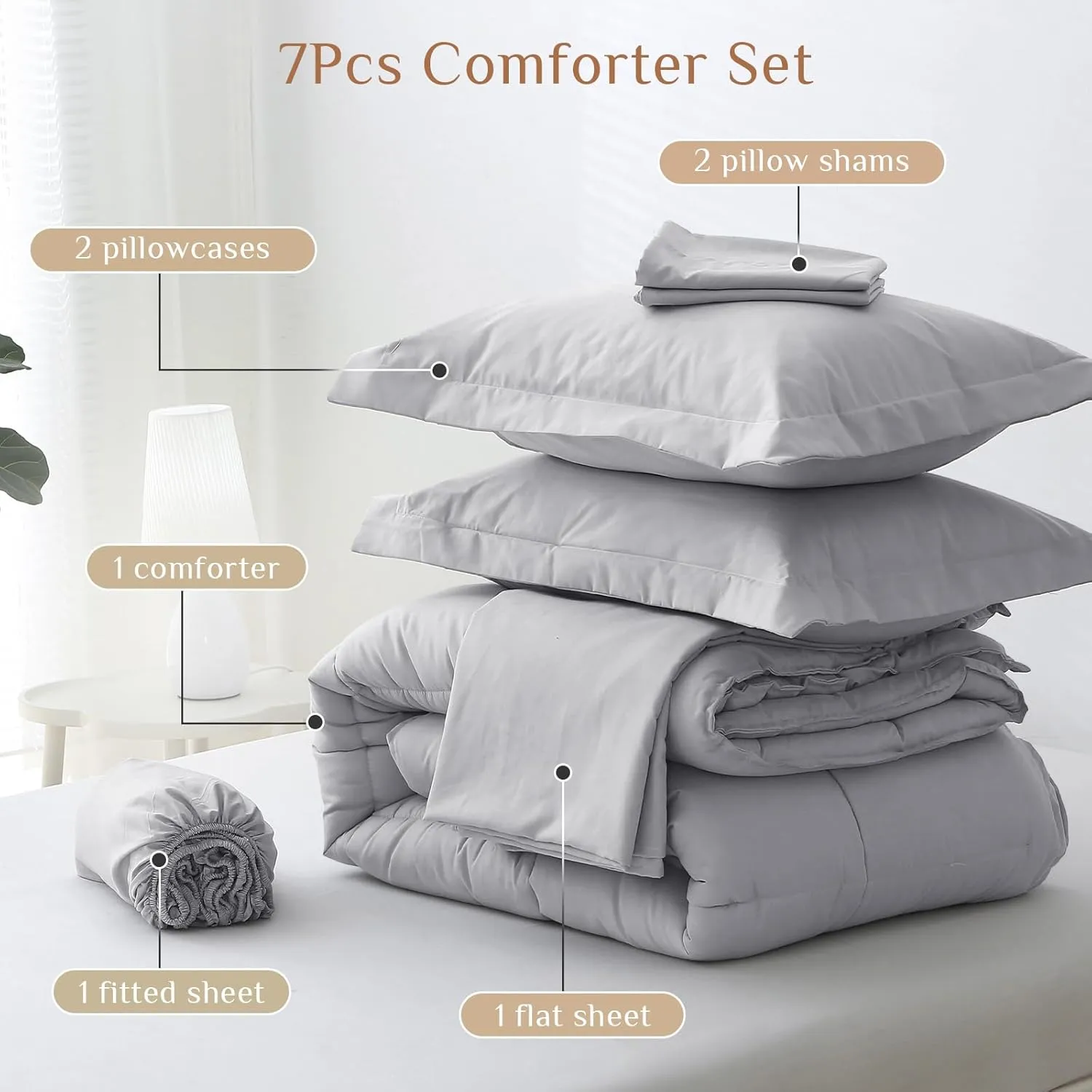 JOLLYVOGUE Full Comforter Set, Ultra-Soft Full Size Comforter Sets, 7-Piece Bed in a Bag, Goose Down Alternative, Oeko-TEX Certified, Sheets & Pillowcases, Light Grey
