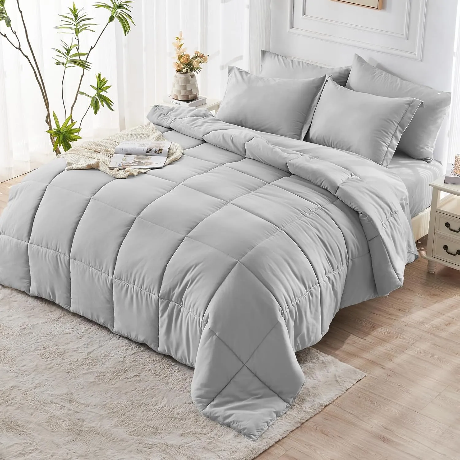 JOLLYVOGUE Full Comforter Set, Ultra-Soft Full Size Comforter Sets, 7-Piece Bed in a Bag, Goose Down Alternative, Oeko-TEX Certified, Sheets & Pillowcases, Light Grey