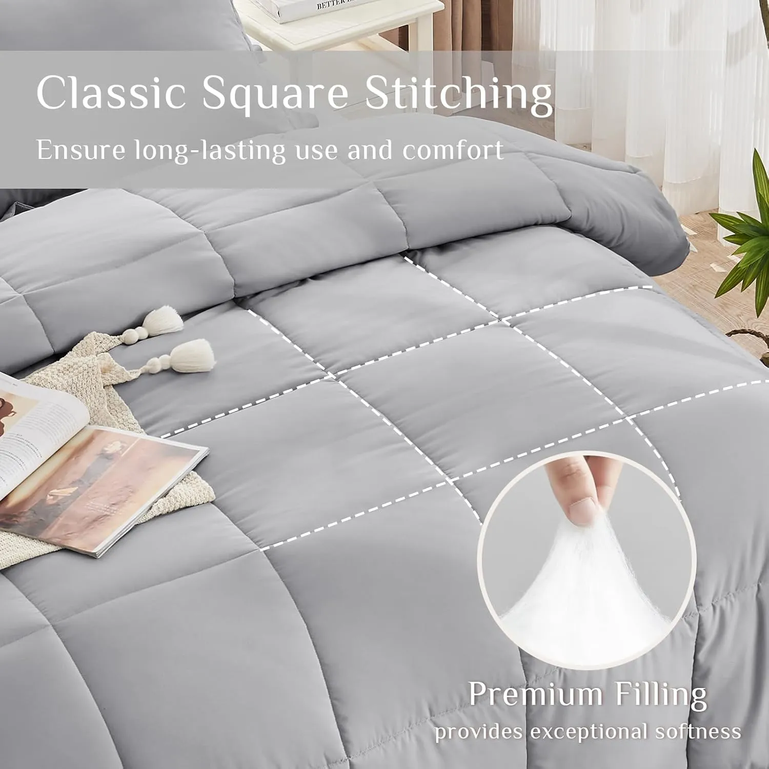 JOLLYVOGUE Full Comforter Set, Ultra-Soft Full Size Comforter Sets, 7-Piece Bed in a Bag, Goose Down Alternative, Oeko-TEX Certified, Sheets & Pillowcases, Light Grey