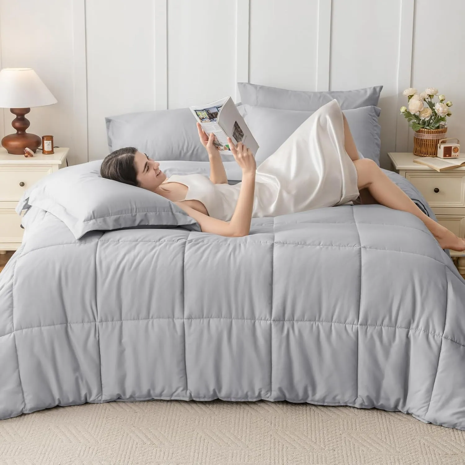 JOLLYVOGUE Full Comforter Set, Ultra-Soft Full Size Comforter Sets, 7-Piece Bed in a Bag, Goose Down Alternative, Oeko-TEX Certified, Sheets & Pillowcases, Light Grey