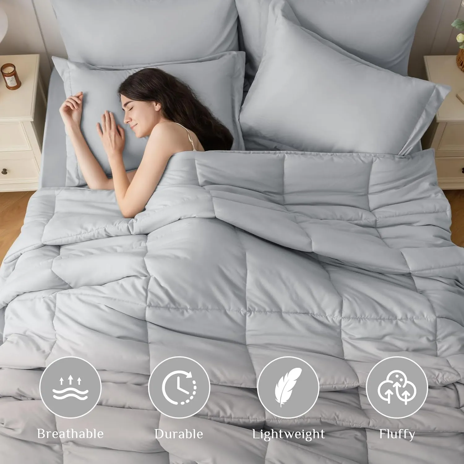 JOLLYVOGUE Full Comforter Set, Ultra-Soft Full Size Comforter Sets, 7-Piece Bed in a Bag, Goose Down Alternative, Oeko-TEX Certified, Sheets & Pillowcases, Light Grey